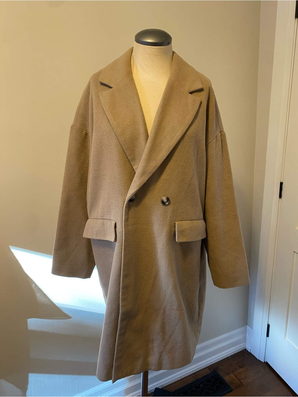 Vero Moda Men's Double-Breasted Pea Coat in Camel Brown